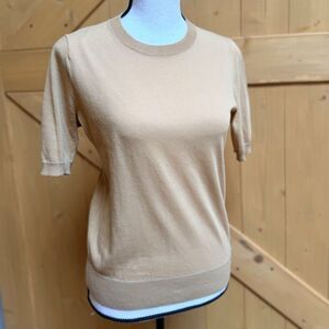 Lafayette 148 NY Fine Knit Top XS Beige Short Sleeve Sweater Minimal Luxury